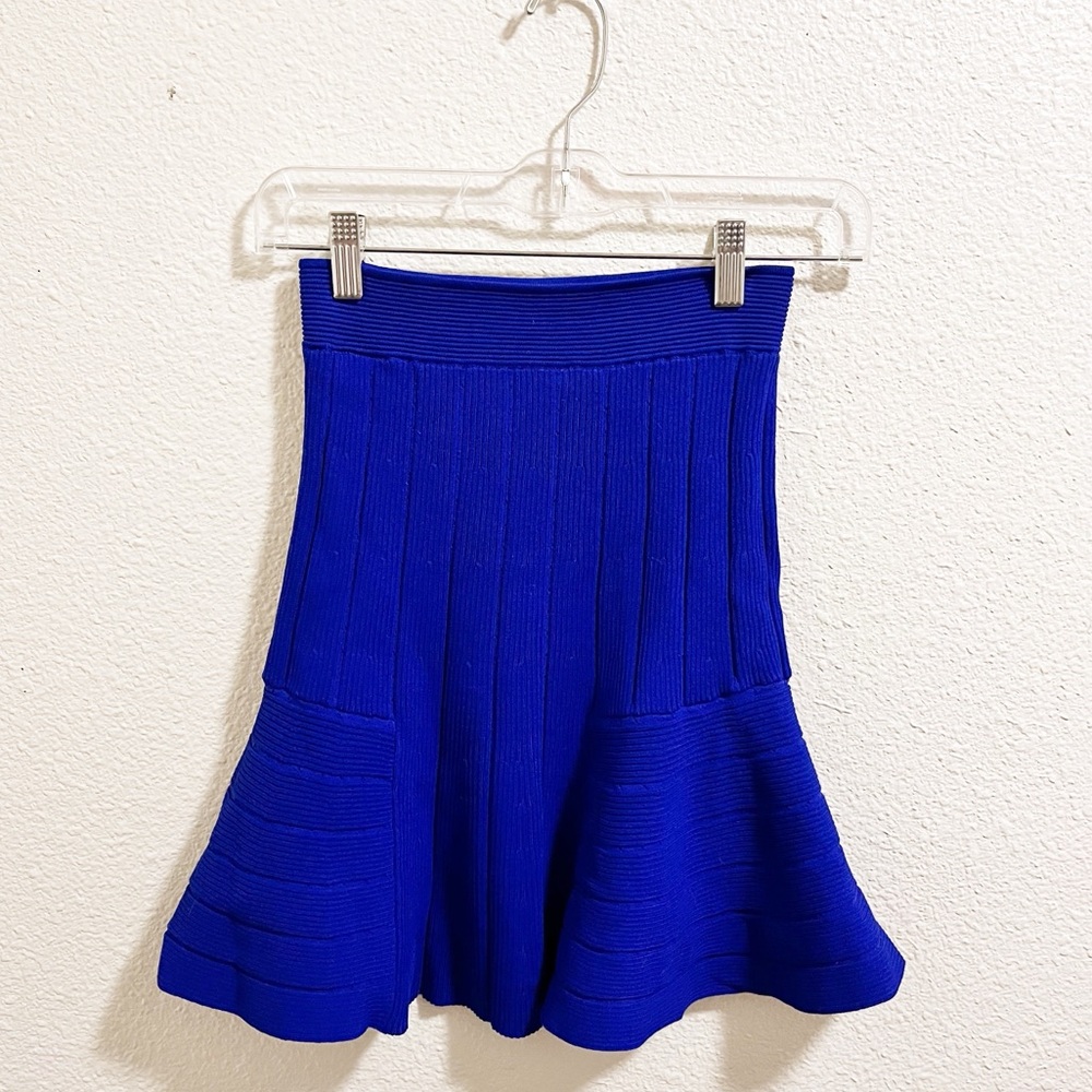 Sandro Paris Izzy Pleated Bandage Knit Flare Mini Skirt Blue US Size 4 - Picture 2 of 7